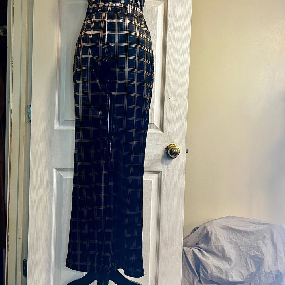 Emory Park Retro 2 Piece Velvet Corset Top Hippie Plaid Wide‎ Leg Pants Brown M